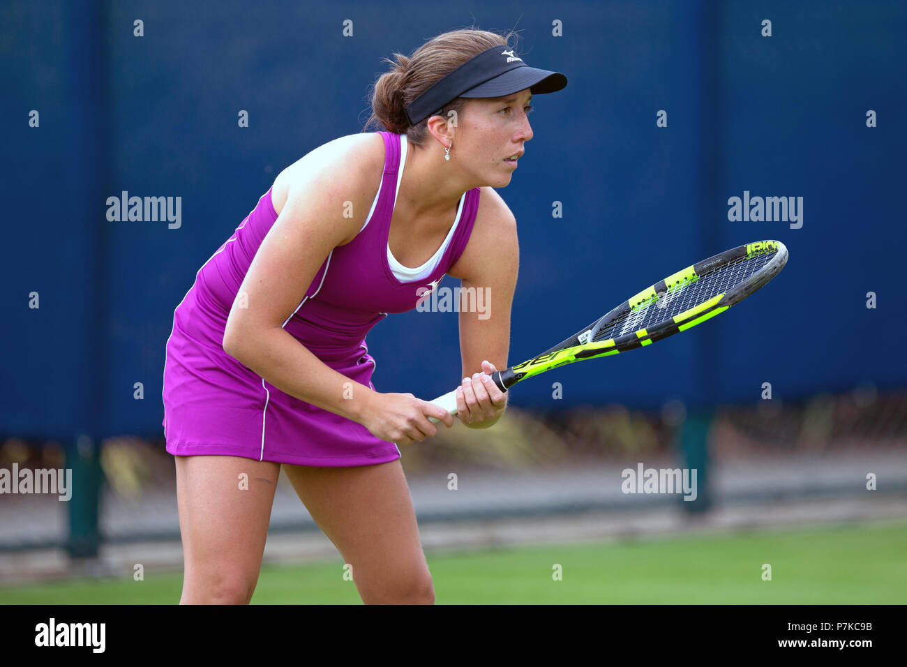 Professional tennis player Irina Falconi awaits a tennis serve in the ready position during a match in 2018. Stock Photo