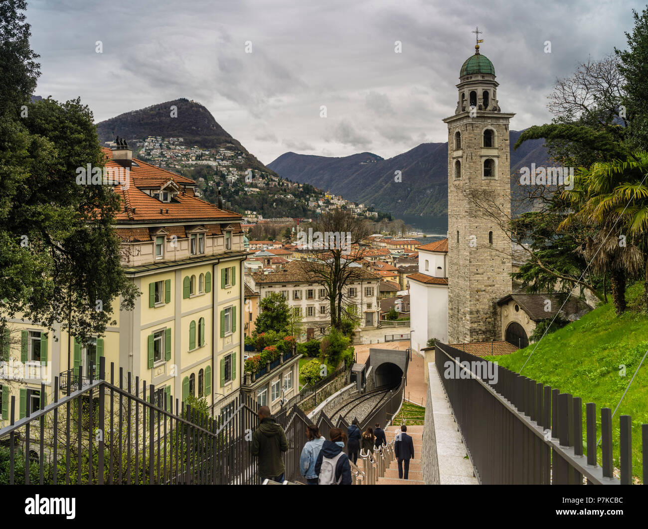 View of Lugano with the Cathedral of San Lorenzo and Monte Bré Stock Photo