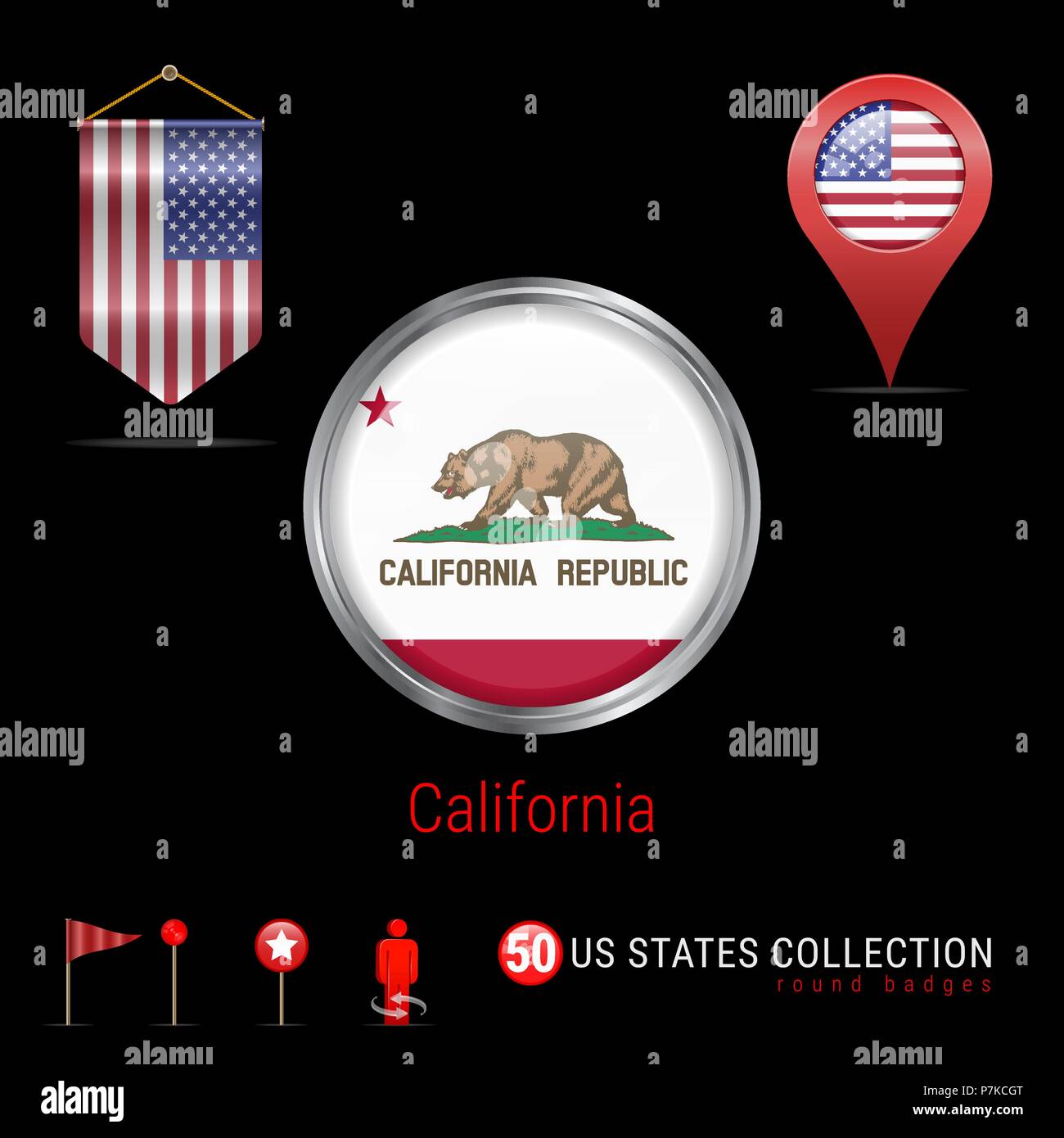 Round Chrome Vector Badge With California US State Flag Pennant Of USA Map Pointer Round Chrome Vector Badge With California US State Flag Pennant Of USA Map Pointer
