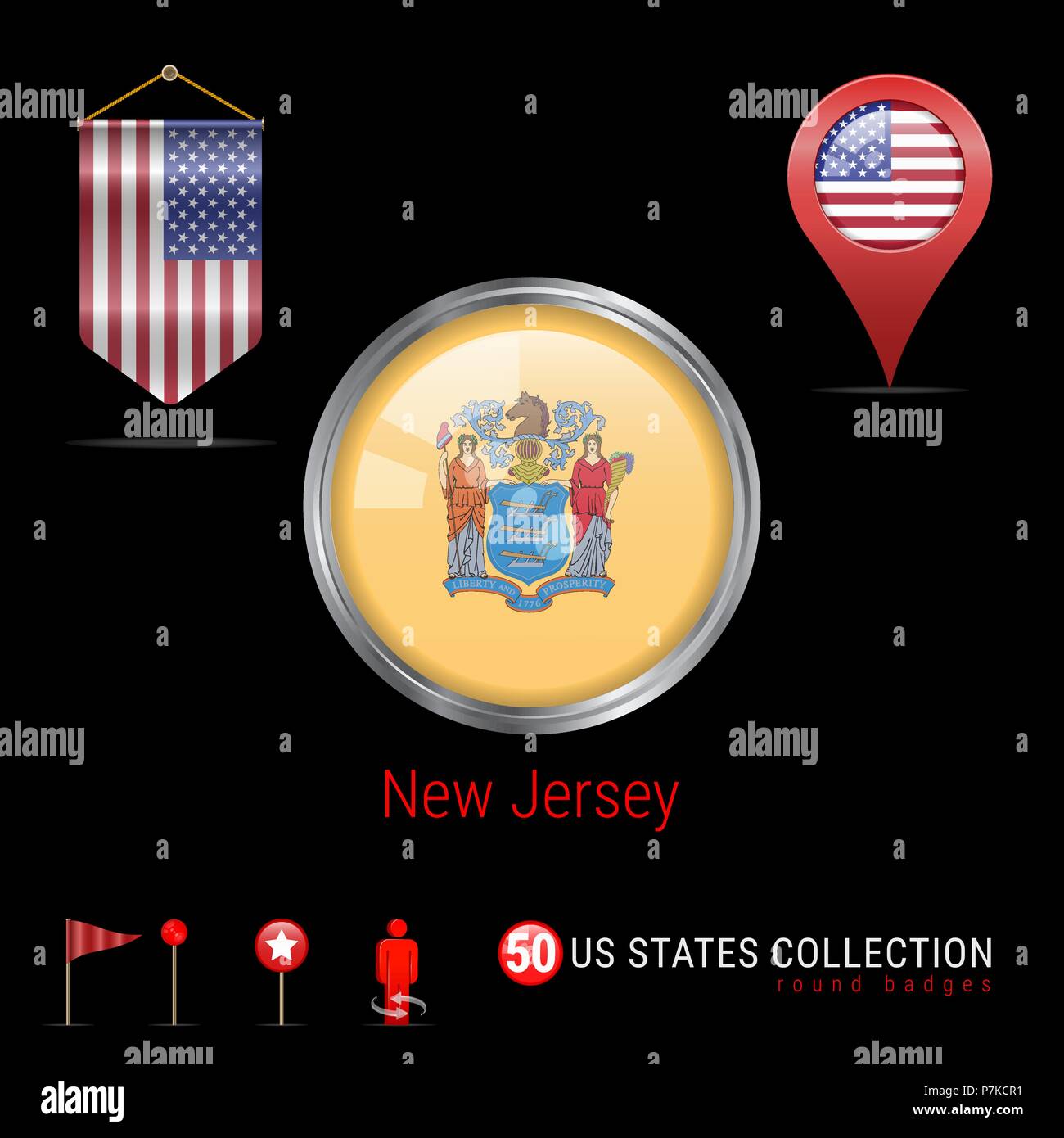 Round Chrome Vector Badge with New Jersey US State Flag. Pennant Flag ...