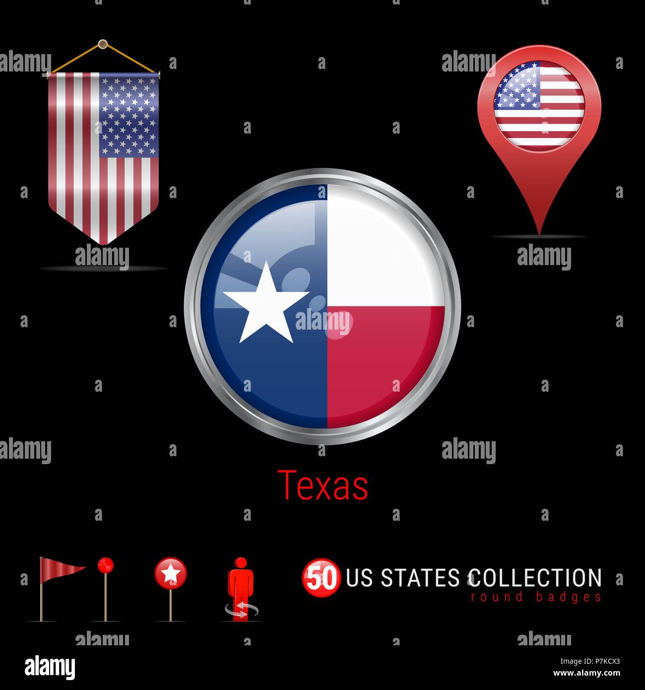 Round Chrome Vector Badge with Texas US State Flag. Pennant Flag of USA ...
