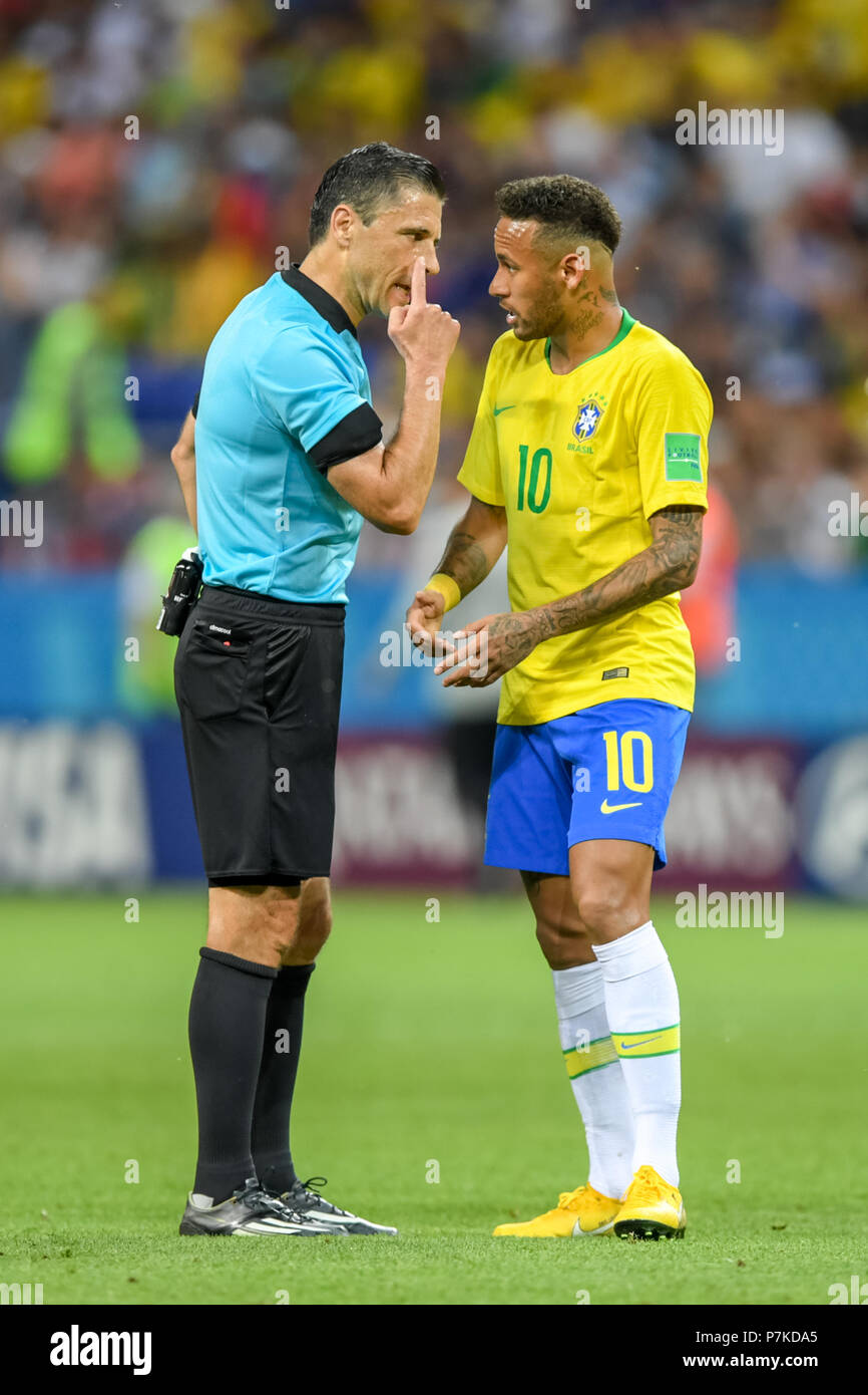 July 06, 2018: Referee reprimanding Neymar of Brazil for diving at Kazan Stadium during the quarter final between Brazil and Belgium during the 2018 World Cup. Ulrik Pedersen/CSM Stock Photo