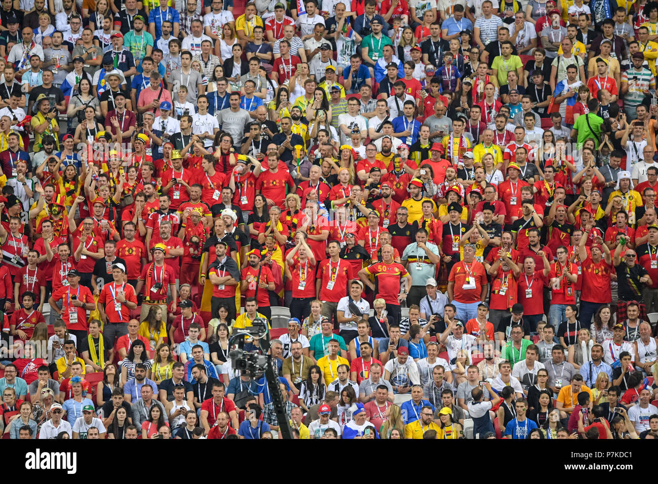 July 03, 2018: Belgium fans having a good time at Kazan Stadium during the quarter final between Brazil and Belgium during the 2018 World Cup. Ulrik Pedersen/CSM Stock Photo
