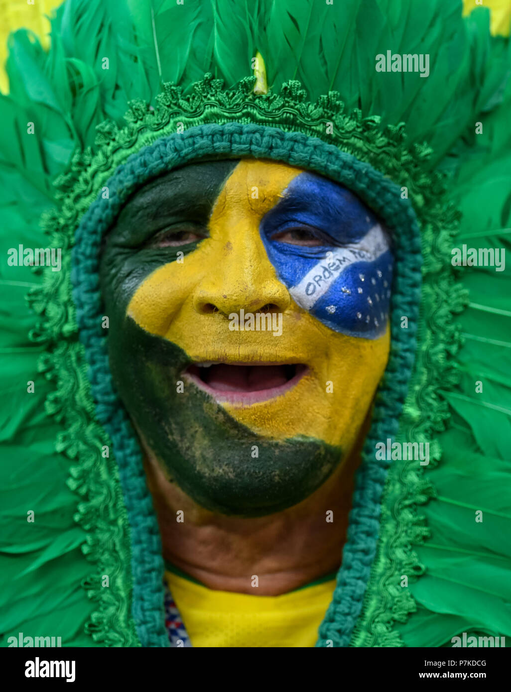 July 06, 2018: Brazilian fan at Kazan Stadium during the quarter final between Brazil and Belgium during the 2018 World Cup. Ulrik Pedersen/CSM Stock Photo