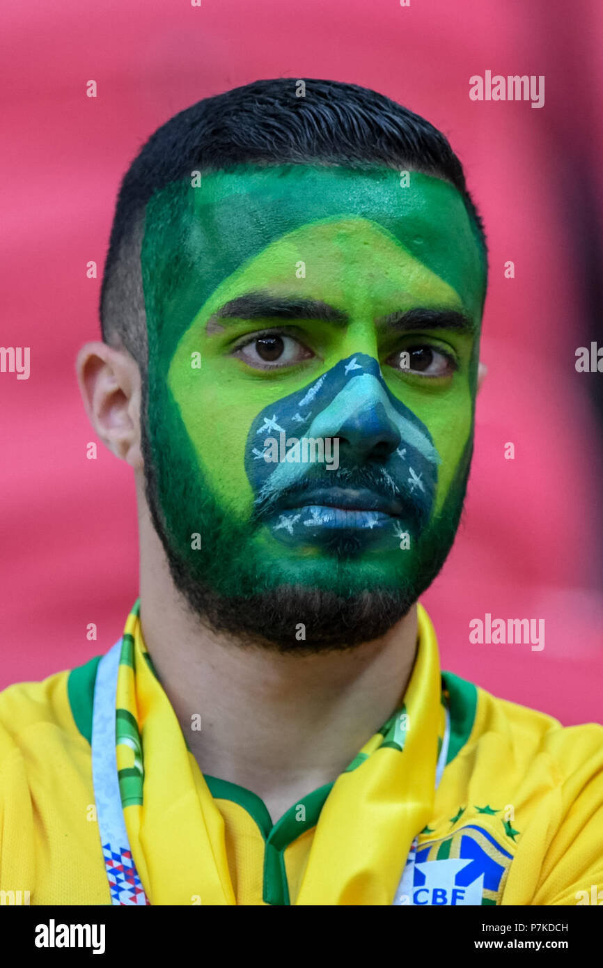 July 06, 2018: Brazilian fan at Kazan Stadium during the quarter final between Brazil and Belgium during the 2018 World Cup. Ulrik Pedersen/CSM Stock Photo