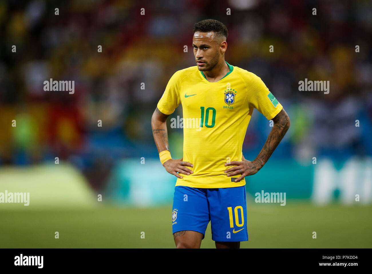 Neymar of Brazil looks dejected during the 2018 FIFA World Cup Quarter Final match between Brazil and Belgium at Kazan Arena on July 6th 2018 in Kazan, Russia