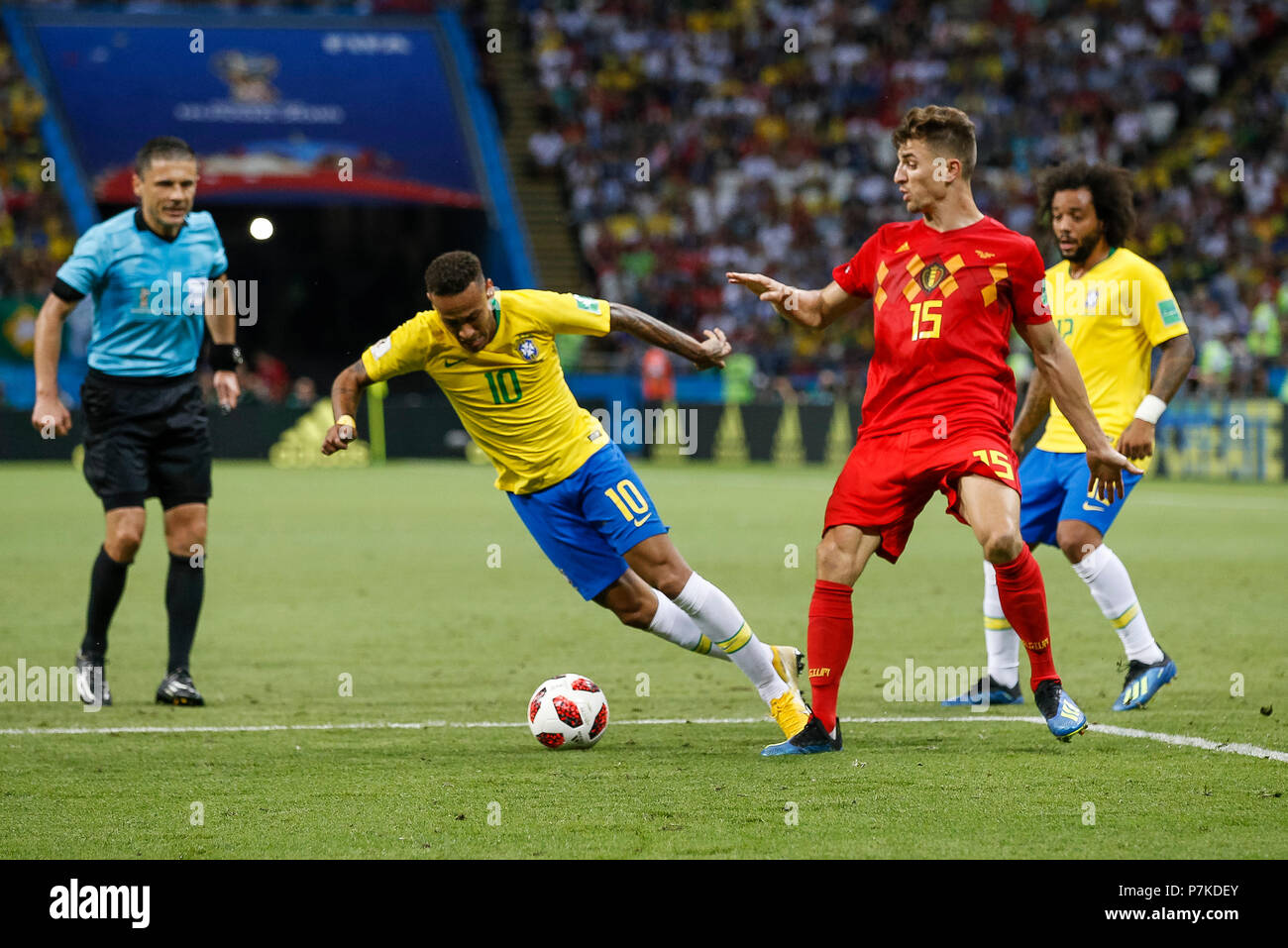 Neymar of Brazil is tackled by Thomas Meunier of Belgium during the 2018 FIFA World Cup Quarter Final match between Brazil and Belgium at Kazan Arena on July 6th 2018 in Kazan, Russia. (Photo by Daniel Chesterton/phcimages.com) Stock Photo