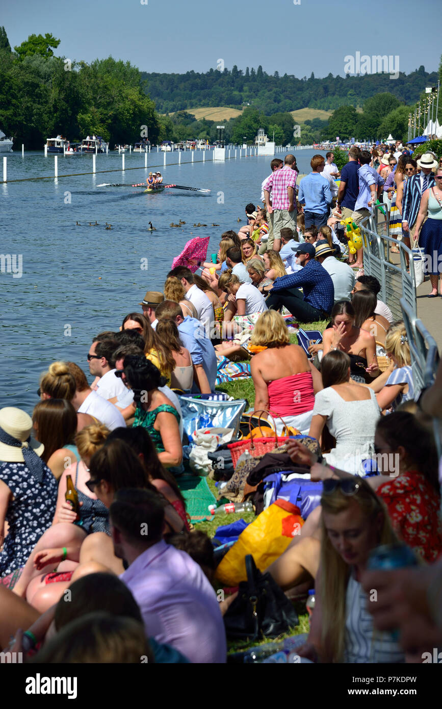 Henley Royal Regatta, Henley Royal Regatta, Henley-on-Thames, UK. 6th July 2018. The third day of the Henley Royal Regatta took place on a stunning day in the Thames Valley.  The banks of the River Thames were packed with spectators enjoying one of the social events of the summer together with watching some of the worlds best rowers. Credit Wendy Johnson/Alamy Live News Stock Photo