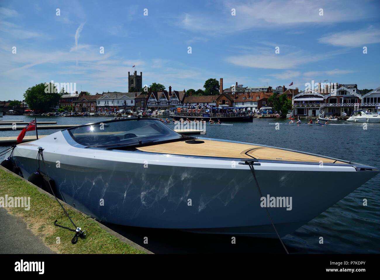 Henley Royal Regatta, Henley-on-Thames, UK. 6th July 2018. Henley Royal Regatta has for the first time in its 178 year history partnered with four prestigious British brands one of whom is Aston Martin who are showing several of their luxury cars together with this AM37 power boat.  This version is priced at £1.4M Credit Wendy Johnson/Alamy Live News Credit: Wendy Johnson/Alamy Live News Stock Photo