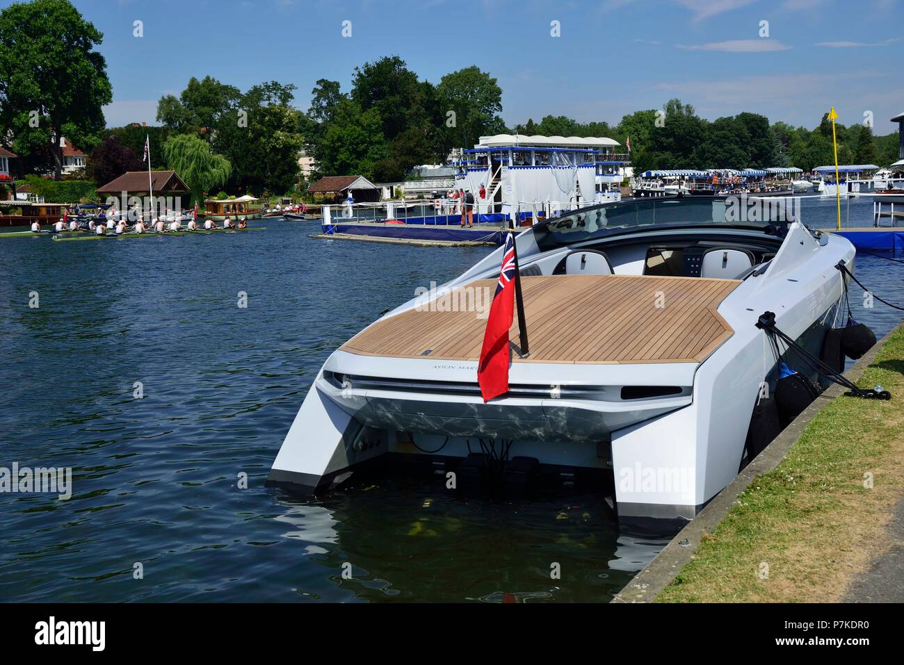 Henley Royal Regatta, Henley-on-Thames, UK. 6th July 2018. Henley Royal Regatta has for the first time in its 178 year history partnered with four prestigious British brands one of whom is Aston Martin who are showing several of their luxury cars together with this AM37 power boat.  This version is priced at £1.4M Credit Wendy Johnson/Alamy Live News Stock Photo
