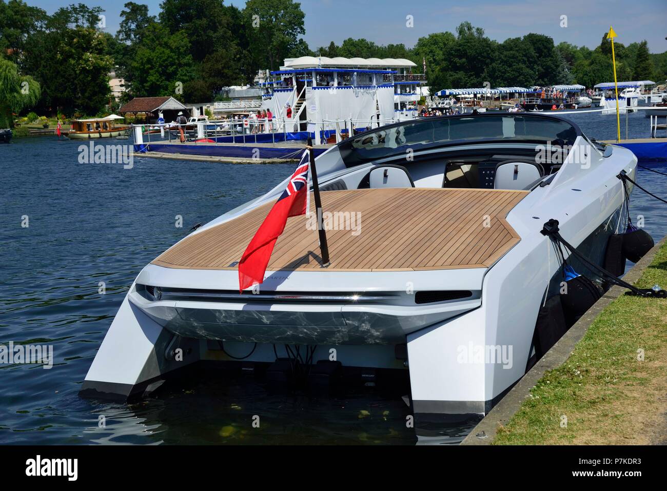 Henley-on-Thames, UK. 6th July 2018. Henley Royal Regatta has for the first time in its 178 year history partnered with four prestigious British brands one of whom is Aston Martin who are showing several of their luxury cars together with this AM37 power boat.  This version is priced at £1.4M Credit Wendy Johnson/Alamy Live News Stock Photo