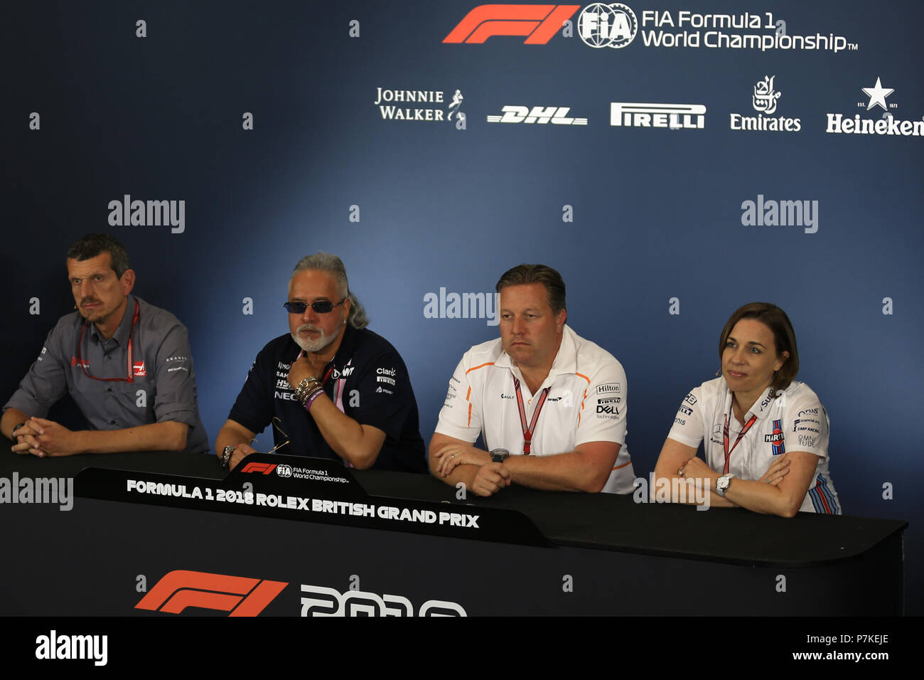 Silverstone Circuit, Silverstone, UK. 6th July, 2018. British Formula One Grand Prix, Friday free practice; Guenther Steiner, Team Principal of Haas F1 Team, Vijay Mallya, Shareholder and Team Principal of Sahara Force India, Zak Brown, Executive Director of McLaren Technology Group and Claire Williams, Deputy Team Principal of Williams Martini Racing Credit: Action Plus Sports/Alamy Live News Stock Photo