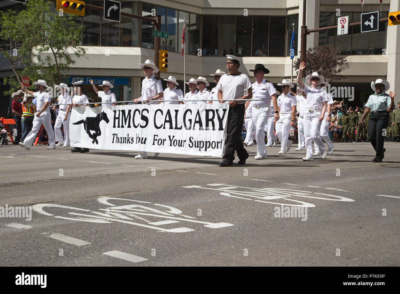 Calgary, Canada. 6th July, 2018.  Canadian Armed Forces national band of the Naval reserve marches in the Calgary Stampede Parade. The parade through downtown kicks off the Calgary Stampede each year. Rosanne Tackaberry/Alamy Live News Stock Photo