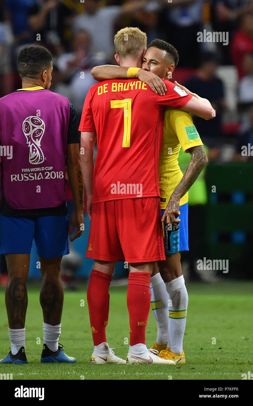 Kazan, Russia. 6th July 2018. Kevin DE BRUYNE (BEL) troubles NEYMAR (BRA)  after game end, comfort, disappointment, frustrated, disappointed,  frustrated, dejected, action. Brazil (BRA) - Belgium (BEL) 1-2,  Quarter-Finals, Round of Eight,