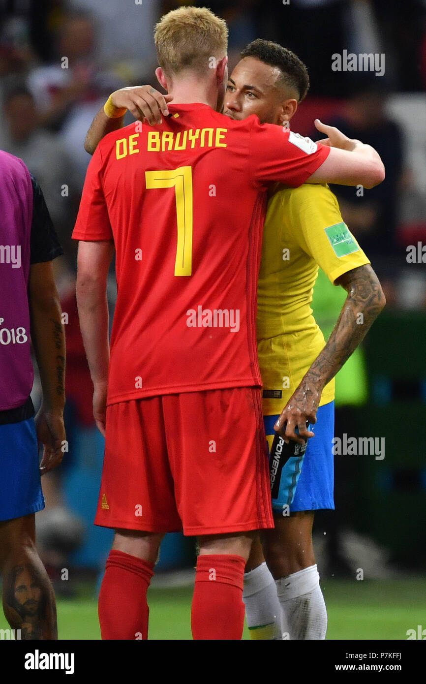 Kazan, Russia. 6th July 2018. Kevin DE BRUYNE (BEL) troubles NEYMAR (BRA)  after game end, comfort, disappointment, frustrated, disappointed,  frustrated, dejected, action. Brazil (BRA) - Belgium (BEL) 1-2,  Quarter-Finals, Round of Eight,
