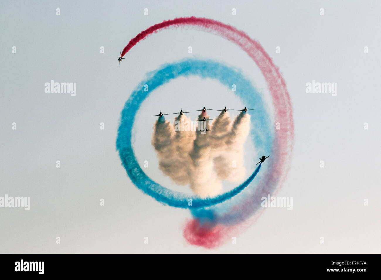 Southport Air Show Red Arrows formation flying and Battle of Britain Lancaster bomber perform over the extensive sands of the north-west coast. Credit: MediaWorldImages/AlamyLiveNews. Stock Photo