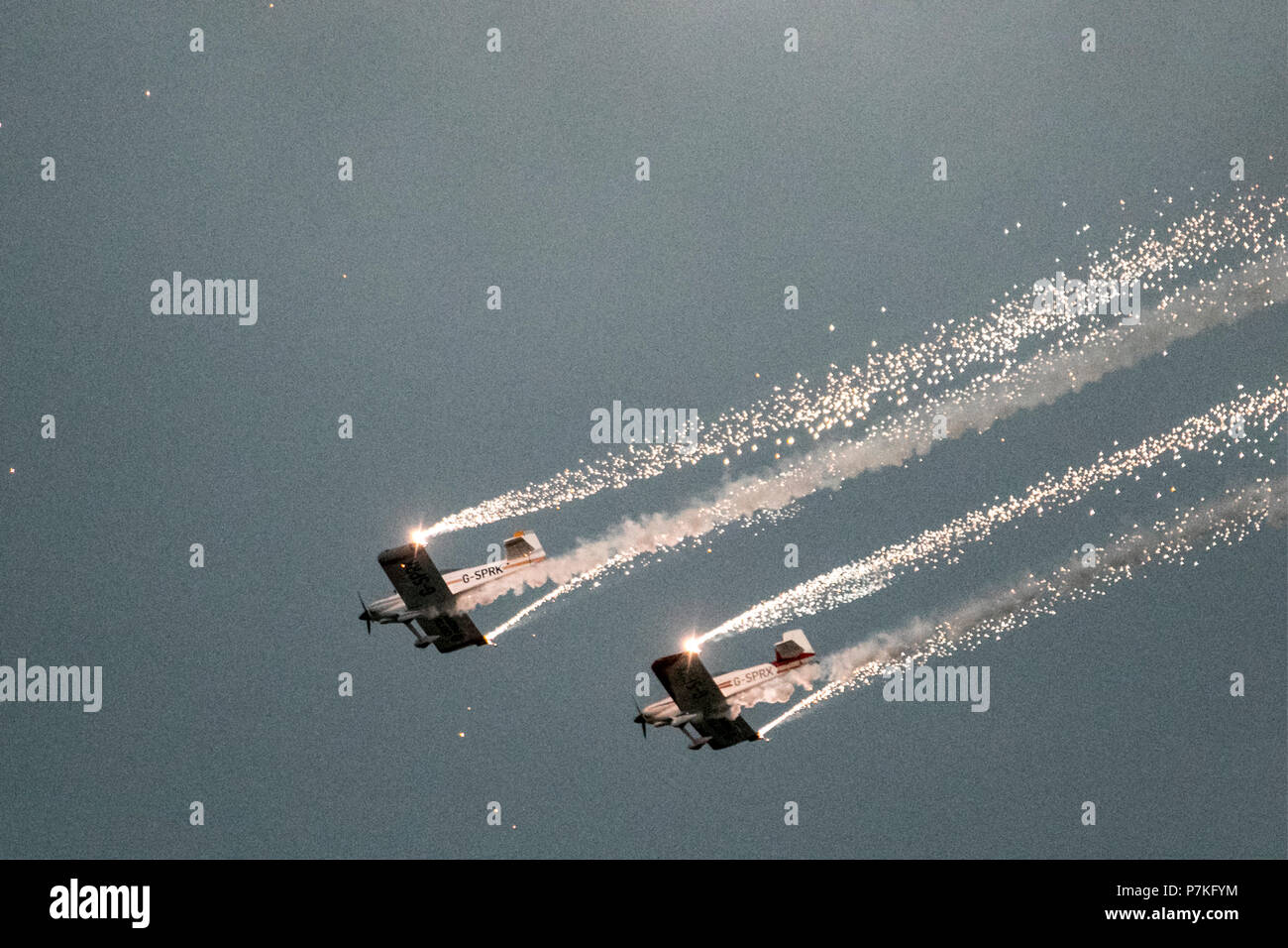 FireFlies Aerobatic Display Team; Twilight, nighy pyrotechnic air displays in Southport, UK Stock Photo
