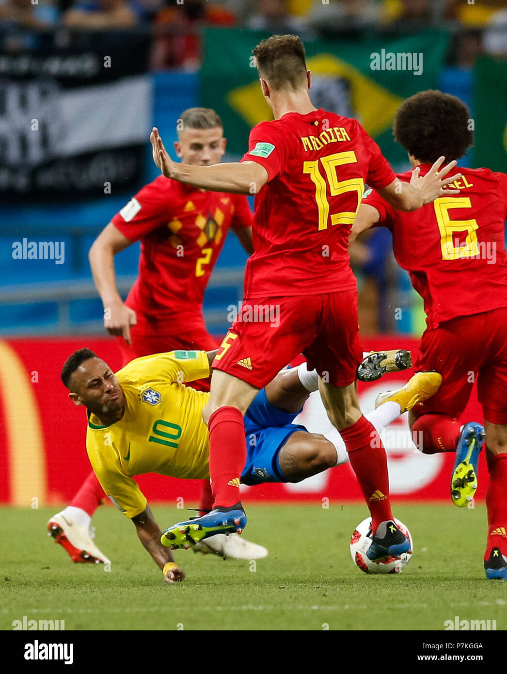 Kazan, Russia. 6th July 2018. Neymar of Brazil is fouled by Thomas Meunier of Belgium during the 2018 FIFA World Cup Quarter Final match between Brazil and Belgium at Kazan Arena on July 6th 2018 in Kazan, Russia. (Photo by Daniel Chesterton/phcimages.com) Credit: PHC Images/Alamy Live News Stock Photo