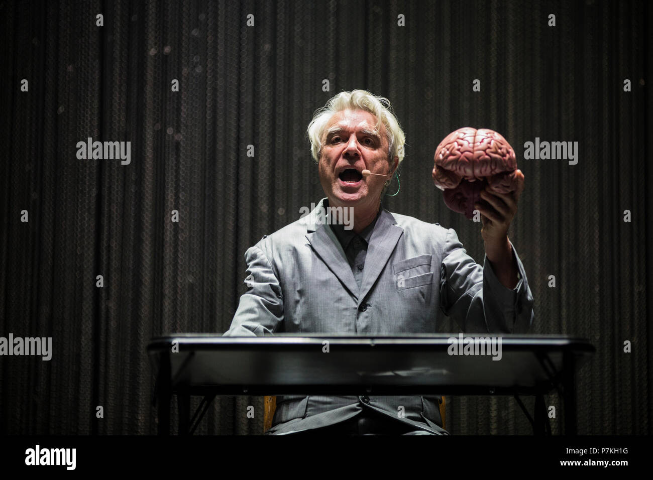 Denmark, Roskilde - July 7, 2018. The Scottish-American singer, songwriter and musician David Byrne performs a live concert during the Danish music festival Roskilde Festival 2018. (Photo credit: Gonzales Photo - Christian Hjorth). Credit: Gonzales Photo/Alamy Live News Stock Photo