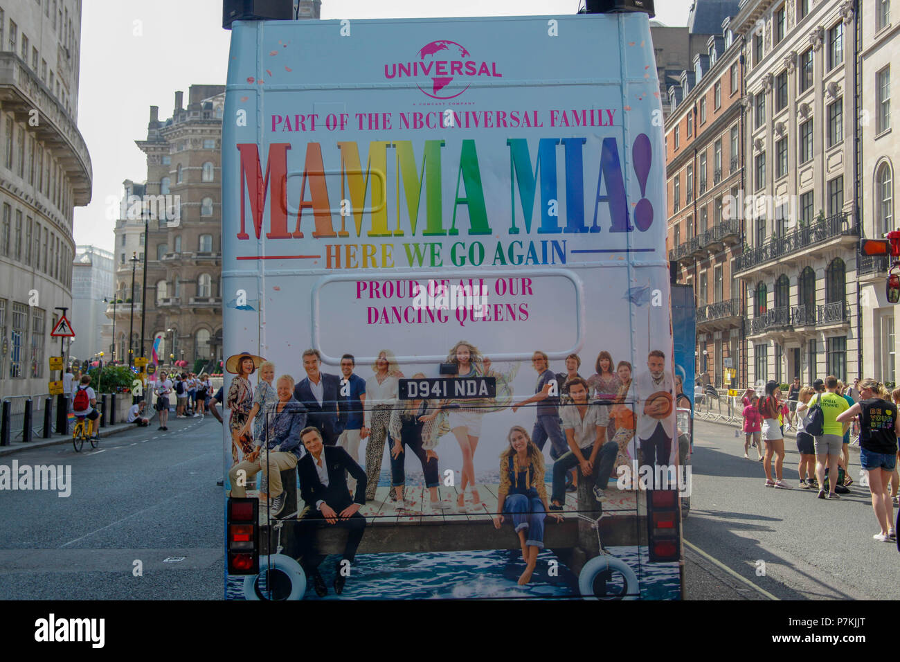 London, UK. 7th July 2018. Mamma Mia ad supporting Pride in London Credit: Alex Cavendish/Alamy Live News Stock Photo