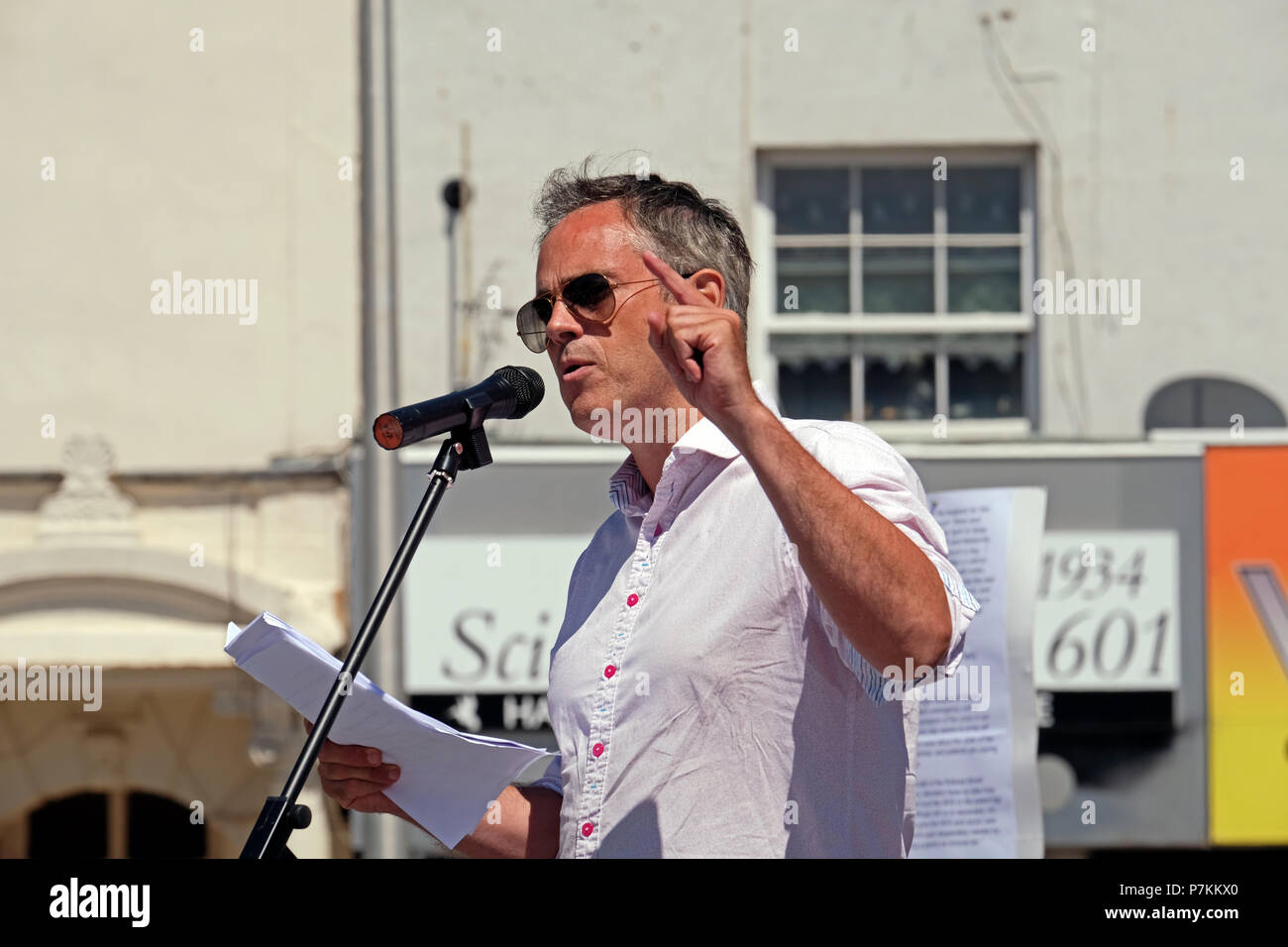 Weston-super-Mare, UK. 7th July, 2018. Jonathan Bartley, co-leader of the Green Party of England and Wales, speaks at a demonstration against the overnight closure of the accident and emergency department at Weston General Hospital. Despite assurances that the closure is only a temporary measure, it has been in effect since July 2017, and many people in the area are concerned that it is the prelude to further cuts. Keith Ramsey/Alamy Live News Stock Photo