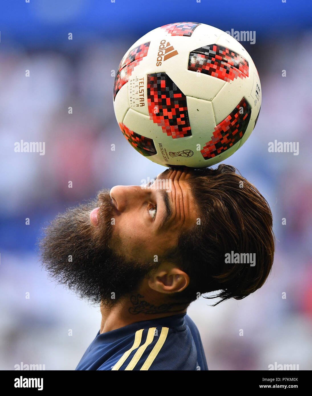 Samara, Russia. 7th July, 2018. Jimmy Durmaz of Sweden warms up prior to the 2018 FIFA World Cup quarter-final match between Sweden and England in Samara, Russia, July 7, 2018. Credit: Li Ga/Xinhua/Alamy Live News Stock Photo