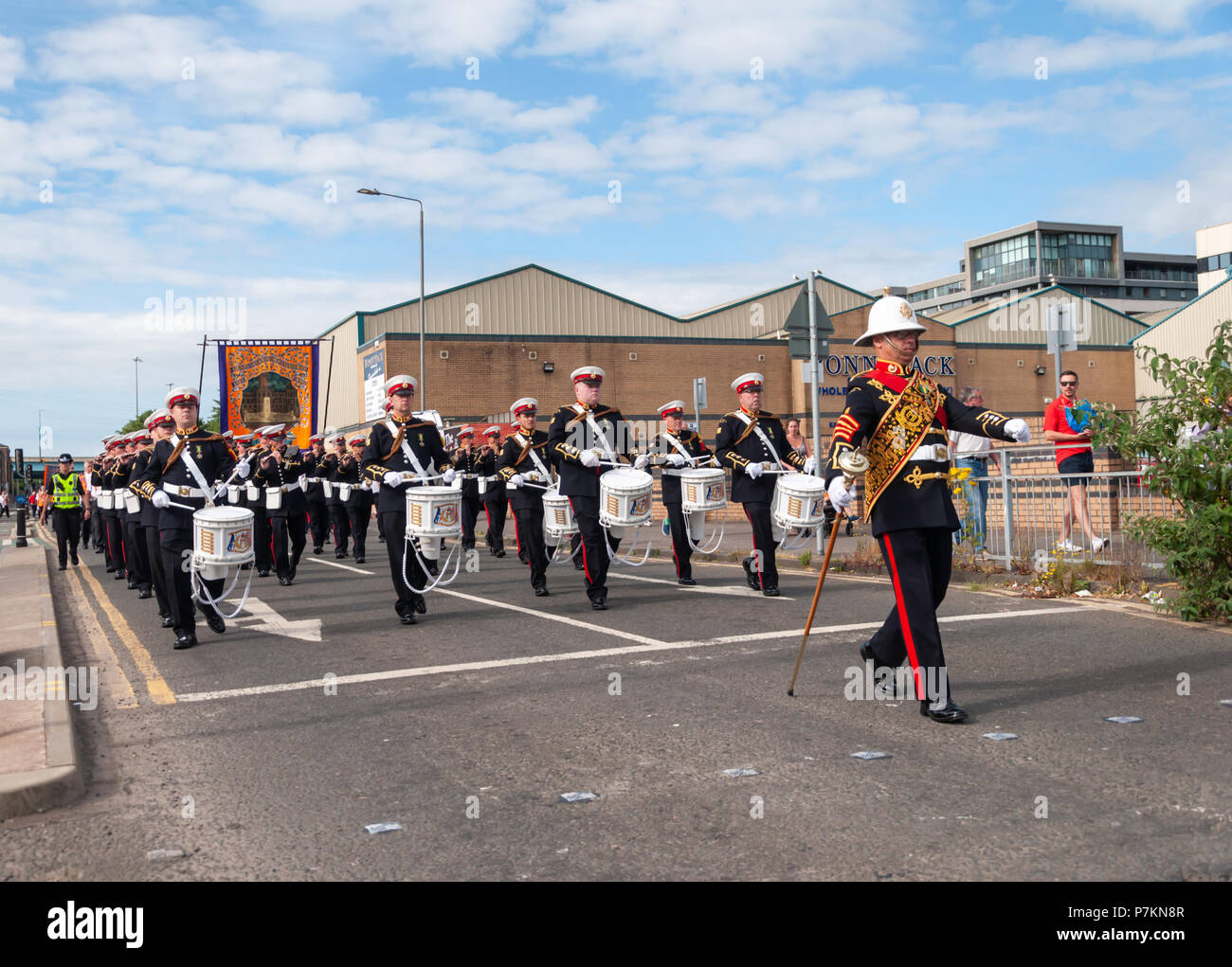 Glasgow, Scotland, UK. 7th July, 2018. Marching band members taking part in the annual Orange Walk through the streets of the city to mark the victory of Prince William of Orange over King James II at the Battle of the Boyne in 1690. Credit: Skully/Alamy Live News Stock Photo