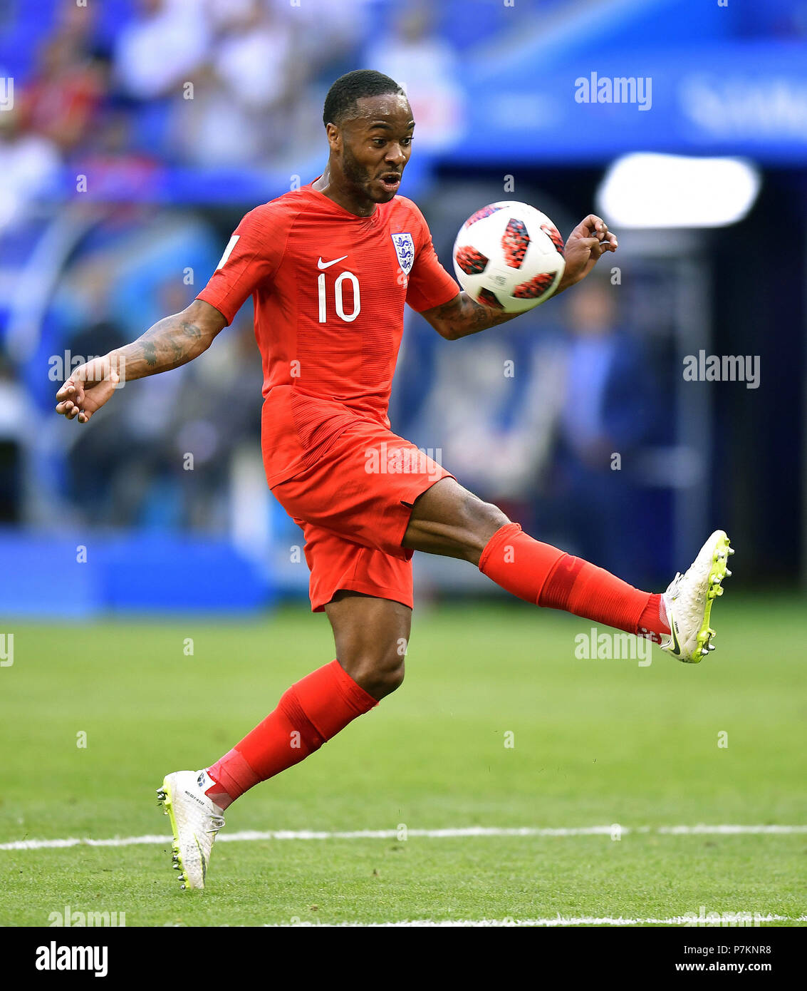 Samara, Russia. 7th July, 2018. Raheem Sterling of England controls the ball during the 2018 FIFA World Cup quarter-final match between Sweden and England in Samara, Russia, July 7, 2018. Credit: Chen Yichen/Xinhua/Alamy Live News Stock Photo