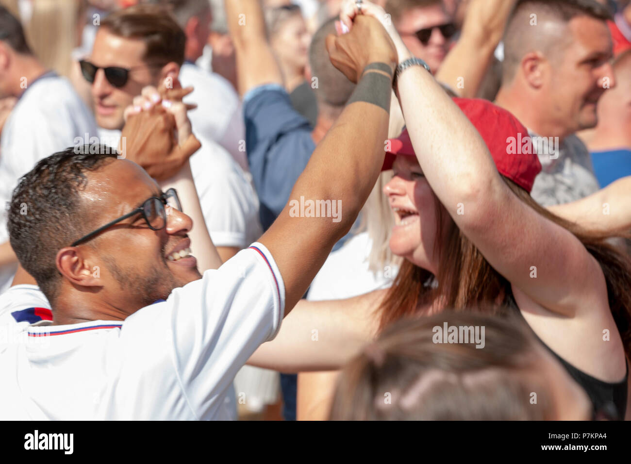 Nottingham, UK. 7th July 2018. Football fans watching the England v Sweden FIFA World Cup 2018 game at an open air screening in the grounds of Nottingham Castle, Credit: Gareth Tibbles Credit: Gareth Tibbles/Alamy Live News Stock Photo