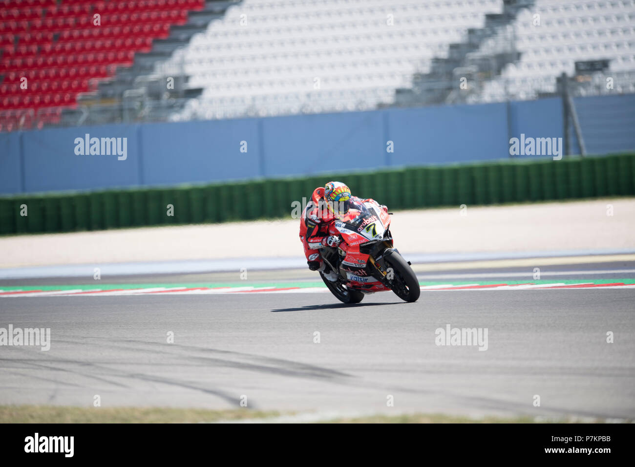 Misano, Italy. 07th July, 2018. Misano, Italy. 7th July 2018. 7 Chaz Davies GBR Ducati Panigale R Aruba.it Racing - Ducati during the Motul FIM Superbike Championship - Italian Round Superpole race during the World Superbikes - Circuit PIRELLI Riviera di Rimini Round, 6 - 8 July 2018 on Misano, Italy. Credit: Fabio Averna/Alamy Live News Credit: Fabio Averna/Alamy Live News Stock Photo