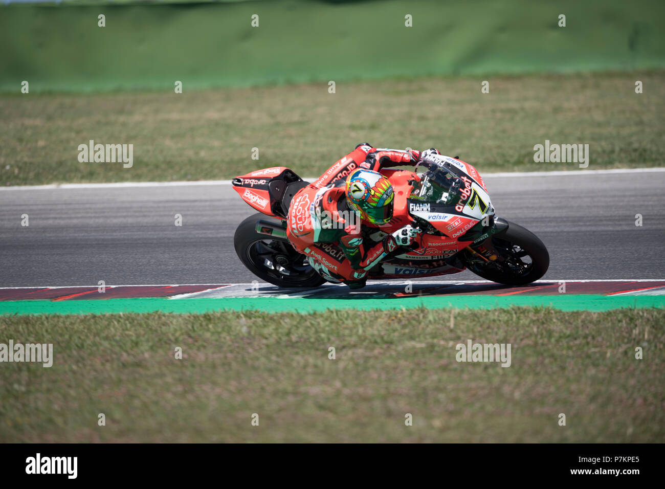 Misano, Italy. 07th July, 2018. Misano, Italy. 7th July 2018. 7 Chaz Davies GBR Ducati Panigale R Aruba.it Racing - Ducati during the Motul FIM Superbike Championship - Italian Round Superpole race during the World Superbikes - Circuit PIRELLI Riviera di Rimini Round, 6 - 8 July 2018 on Misano, Italy. Credit: Fabio Averna/Alamy Live News Credit: Fabio Averna/Alamy Live News Stock Photo