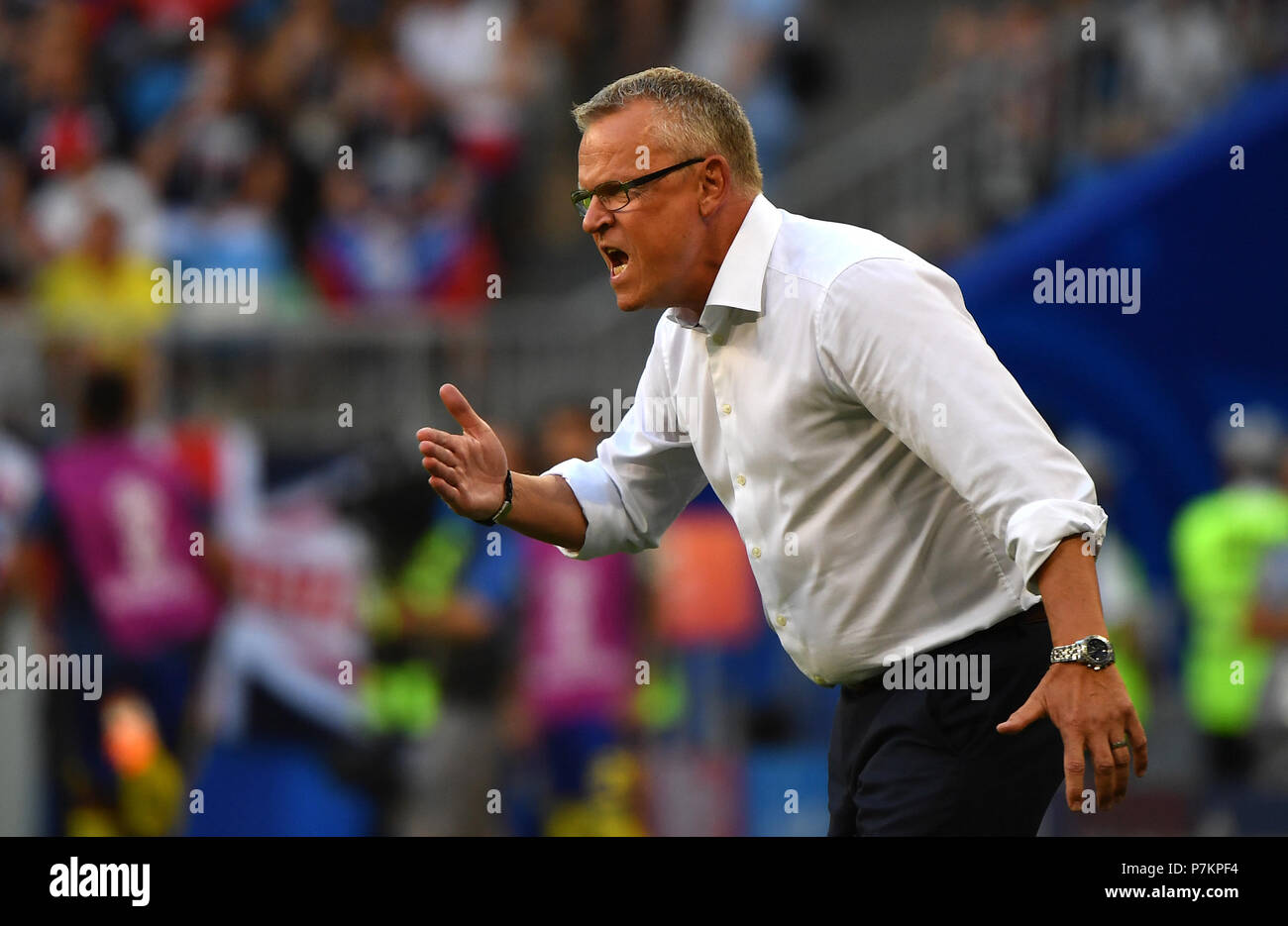 Samara, Russia. 7th July, 2018. Head coach Janne Andersson of Sweden gives instructions to players during the 2018 FIFA World Cup quarter-final match between Sweden and England in Samara, Russia, July 7, 2018. Credit: Li Ga/Xinhua/Alamy Live News Stock Photo