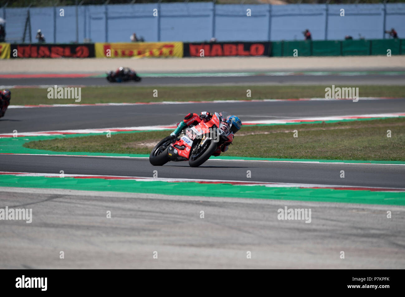 Misano, Italy. 07th July, 2018. Misano, Italy. 7th July 2018. 33 Marco Melandri ITA Ducati Panigale R Aruba.it Racing - Ducatiduring the Motul FIM Superbike Championship - Italian Round Superpole race during the World Superbikes - Circuit PIRELLI Riviera di Rimini Round, 6 - 8 July 2018 on Misano, Italy. Credit: Fabio Averna/Alamy Live News Credit: Fabio Averna/Alamy Live News Stock Photo