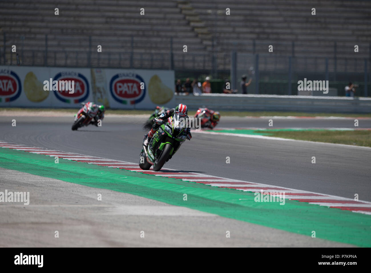 Misano, Italy. 07th July, 2018. Misano, Italy. 7th July 2018. 1 Jonathan Rea GBR Kawasaki ZX-10RR Kawasaki Racing Team WorldSBK during the Motul FIM Superbike Championship - Italian Round Superpole race during the World Superbikes - Circuit PIRELLI Riviera di Rimini Round, 6 - 8 July 2018 on Misano, Italy. Credit: Fabio Averna/Alamy Live News Credit: Fabio Averna/Alamy Live News Stock Photo