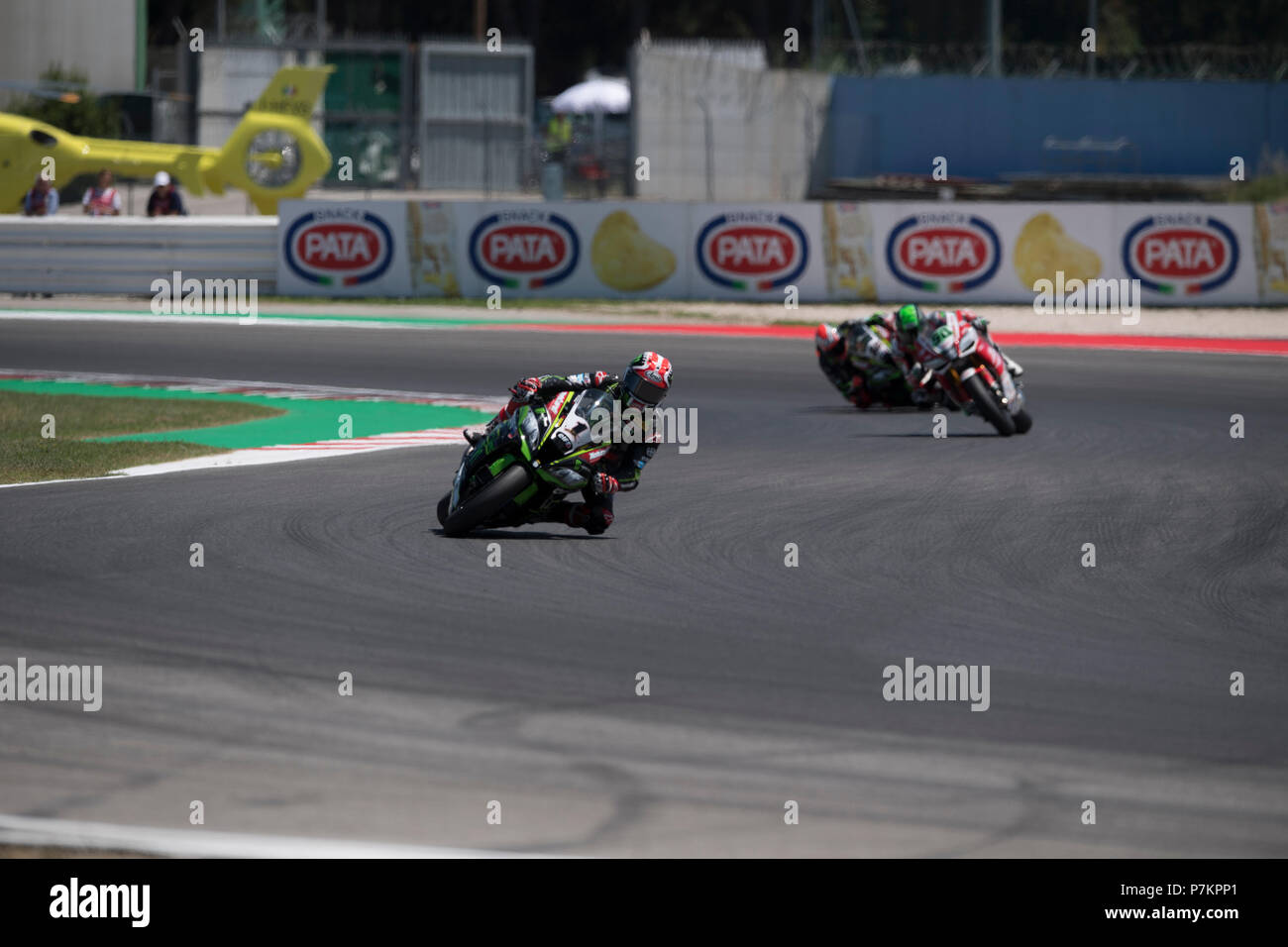 Misano, Italy. 07th July, 2018. Misano, Italy. 7th July 2018. 1 Jonathan Rea GBR Kawasaki ZX-10RR Kawasaki Racing Team WorldSBK during the Motul FIM Superbike Championship - Italian Round Superpole race during the World Superbikes - Circuit PIRELLI Riviera di Rimini Round, 6 - 8 July 2018 on Misano, Italy. Credit: Fabio Averna/Alamy Live News Credit: Fabio Averna/Alamy Live News Stock Photo