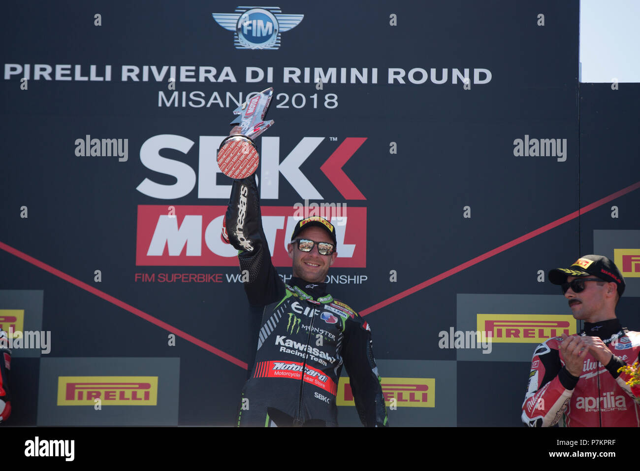 Misano, Italy. 07th July, 2018. Misano, Italy. 7th July 2018. 1 Jonathan Rea GBR Kawasaki ZX-10RR Kawasaki Racing Team WorldSBK during the Motul FIM Superbike Championship - Italian Round Superpole race during the World Superbikes - Circuit PIRELLI Riviera di Rimini Round, 6 - 8 July 2018 on Misano, Italy. Credit: Fabio Averna/Alamy Live News Credit: Fabio Averna/Alamy Live News Stock Photo