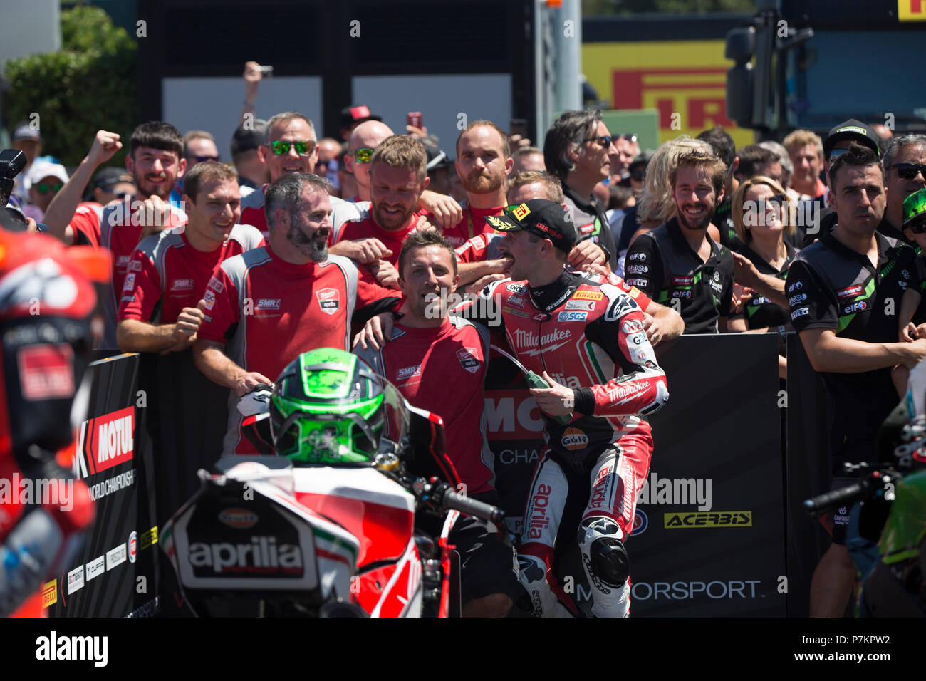 Misano, Italy. 07th July, 2018. Misano, Italy. 7th July 2018. 50 Eugene Laverty  IRL Aprilia RSV4 RF Milwaukee Aprilia during the Motul FIM Superbike Championship - Italian Round Superpole race during the World Superbikes - Circuit PIRELLI Riviera di Rimini Round, 6 - 8 July 2018 on Misano, Italy. Credit: Fabio Averna/Alamy Live News Credit: Fabio Averna/Alamy Live News Stock Photo