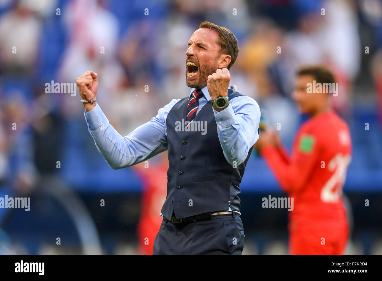 Samara, Russia. 7th July 2018.  Gareth Southgate celebrating the victory at Samara Stadium during the quarter final between England and Sweden during the 2018 World Cup. Ulrik Pedersen/CSM Credit: Cal Sport Media/Alamy Live News Stock Photo