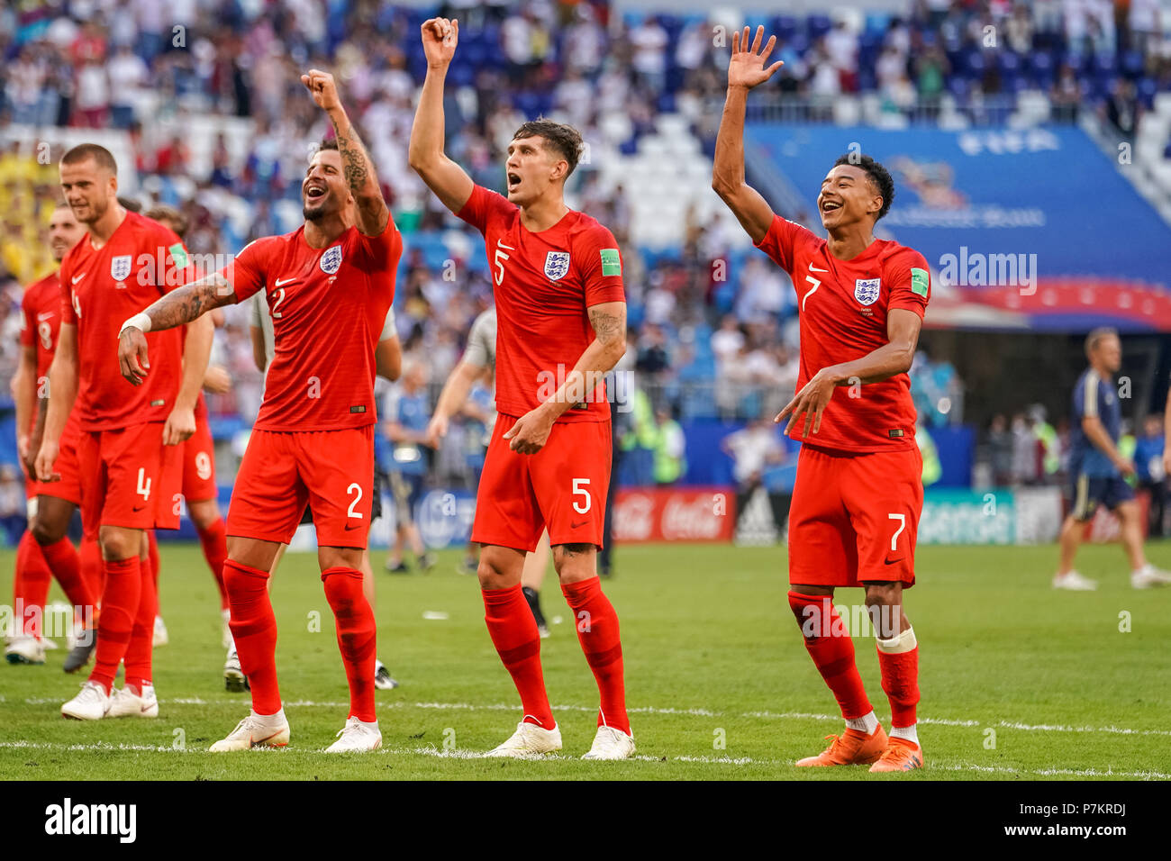 Samara, Russia. 7th July 2018.  Jesse Lingard of England, John Stones of England and Kyle Walker of England celebrating the victory at Samara Stadium during the quarter final between England and Sweden during the 2018 World Cup. Ulrik Pedersen/CSM Credit: Cal Sport Media/Alamy Live News Stock Photo