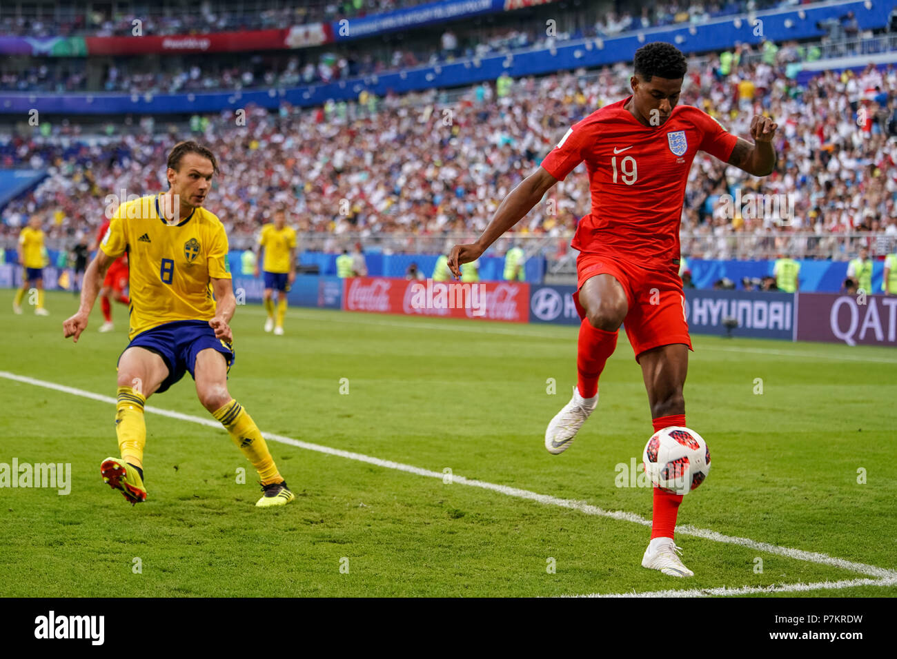 Samara, Russia. 7th July 2018.  Marcus Rashford of England saving the ball before going out at Samara Stadium during the quarter final between England and Sweden during the 2018 World Cup. Ulrik Pedersen/CSM Credit: Cal Sport Media/Alamy Live News Stock Photo