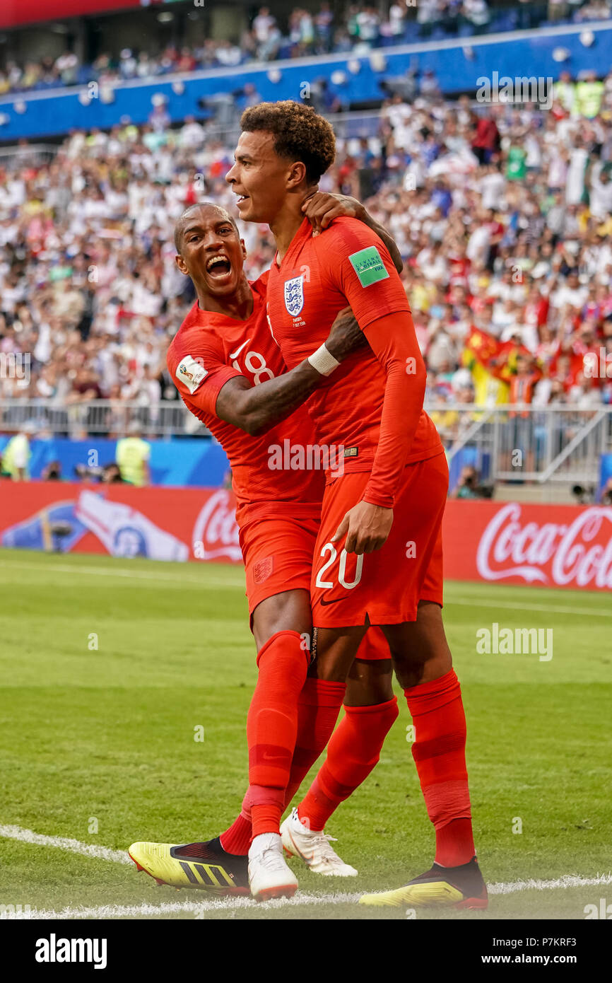 Samara, Russia. 7th July 2018.  Celebrating Dele Alli of England scoring to 0-2 in the 59rd minute at Samara Stadium during the quarter final between England and Sweden during the 2018 World Cup. Ulrik Pedersen/CSM Credit: Cal Sport Media/Alamy Live News Stock Photo