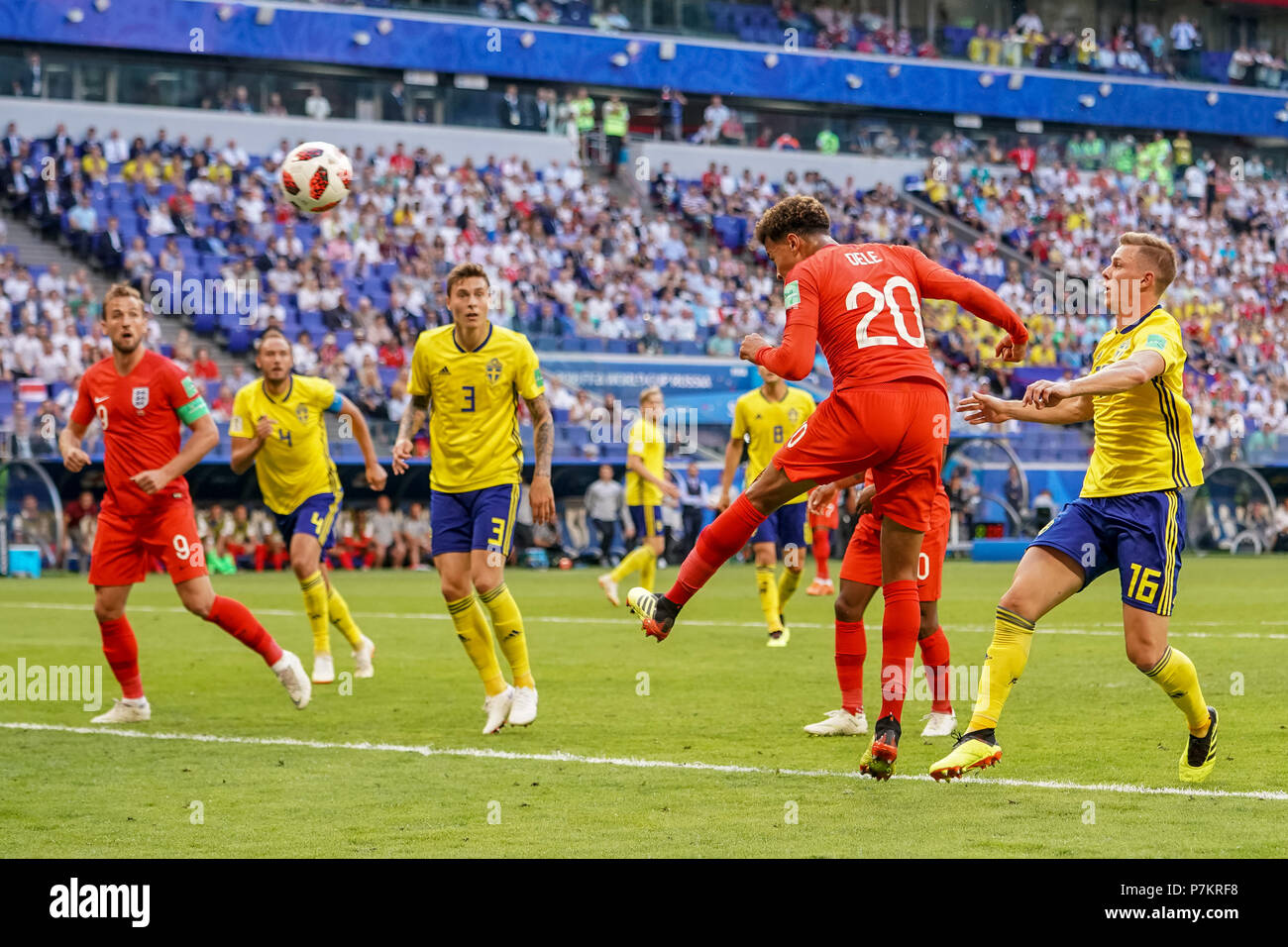 Samara, Russia. 7th July 2018.  Dele Alli of England scoring to 0-2 in the 59rd minute at Samara Stadium during the quarter final between England and Sweden during the 2018 World Cup. Ulrik Pedersen/CSM Credit: Cal Sport Media/Alamy Live News Stock Photo