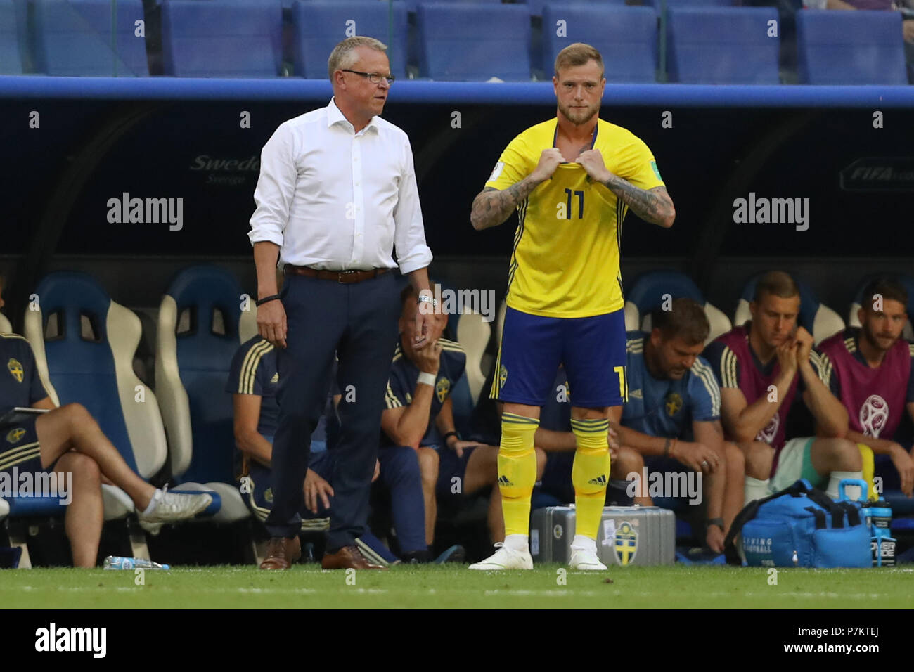 Samara, Russia. 7th July 2018.  Janne Andersson and John Guidetti during the match between Sweden and England for the quarterfinals of the 2018 World Cup held at the Samara Arena in Samara, Russia. (Photo: Ricardo Moreira/Fotoarena) Credit: Foto Arena LTDA/Alamy Live News Credit: Foto Arena LTDA/Alamy Live News Stock Photo