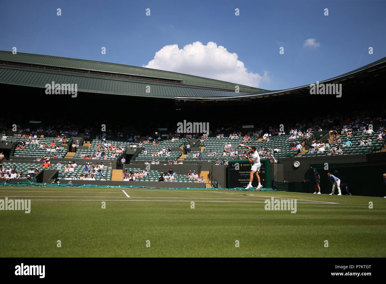 London, UK. 7th July 2018. The Wimbledon Tennis Championships, Day 6; Many empty seats due to the Workd Cup England match as Ernest Gulbis (Lat) plays Alexander Zverev (DEU) Credit: Action Plus Sports Images/Alamy Live News Credit: Action Plus Sports Images/Alamy Live News Credit: Action Plus Sports Images/Alamy Live News Stock Photo