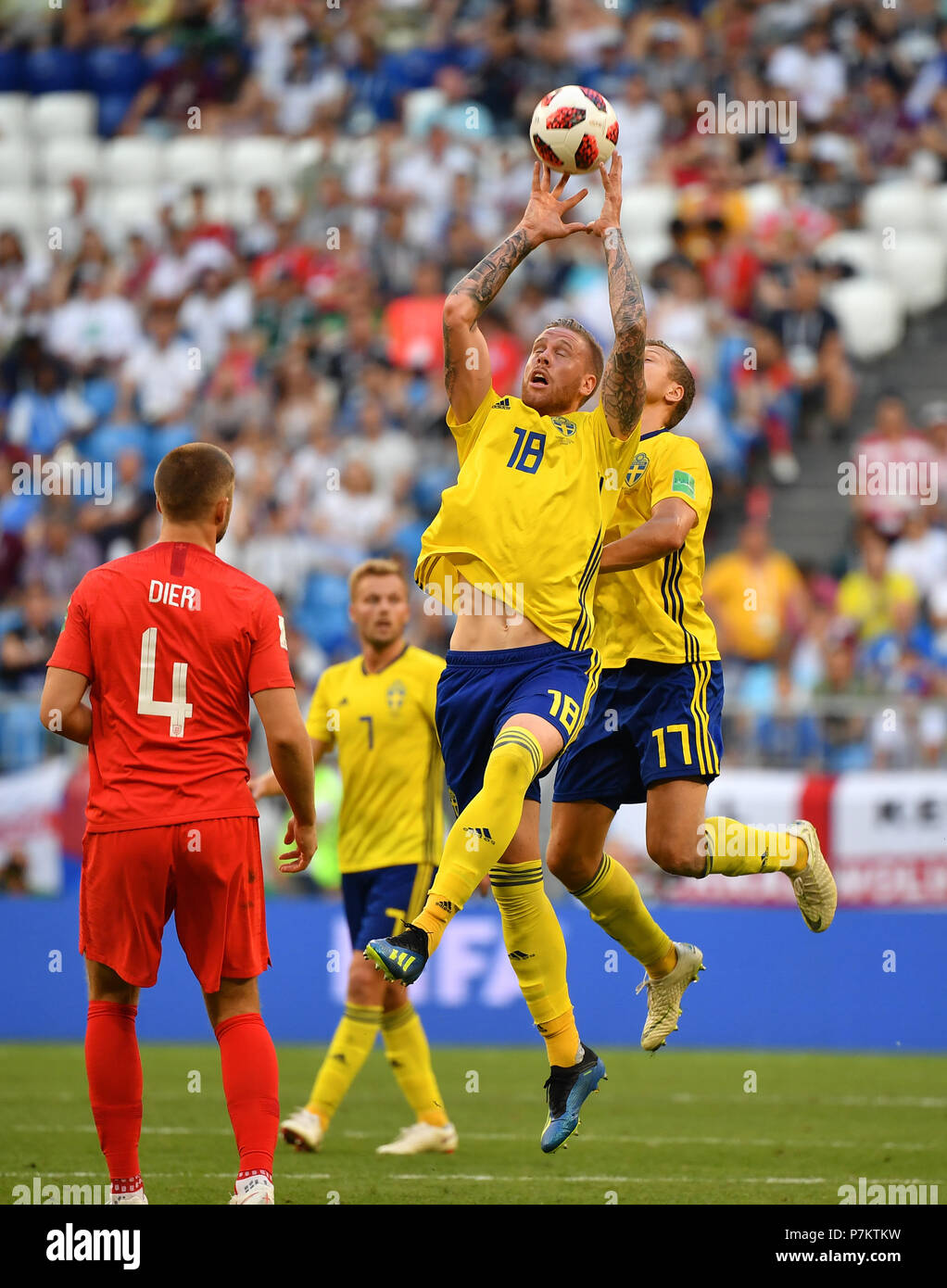 Samara, Russia. 7th July, 2018. Pontus Jansson (L top) of Sweden catches the ball at the end of the 2018 FIFA World Cup quarter-final match between Sweden and England in Samara, Russia, July 7, 2018. England won 2-0 and advanced to the semi-finals. Credit: Li Ga/Xinhua/Alamy Live News Stock Photo