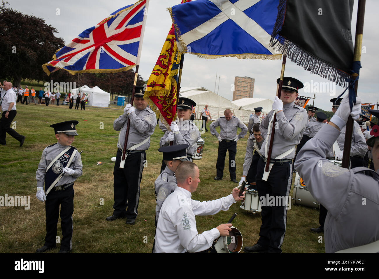 Glasgow, Scotland, on 7 July 2018. The annual Parade of Orange Order Lodge bands, organised by County Grand Orange Lodge of Glasgow.  The annual prade celebrates Prince William of Orange's victory over King James II at the Battle of the Boyne in 1690. Image Credit: Jeremy Sutton-Hibbert/Alamy Live News. Stock Photo