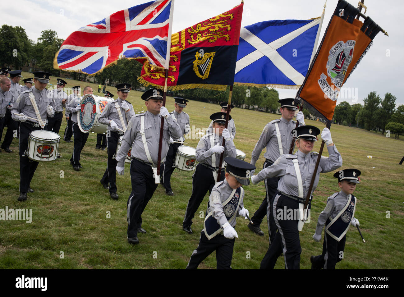 Glasgow, Scotland, on 7 July 2018. The annual Parade of Orange Order Lodge bands, organised by County Grand Orange Lodge of Glasgow.  The annual prade celebrates Prince William of Orange's victory over King James II at the Battle of the Boyne in 1690. Image Credit: Jeremy Sutton-Hibbert/Alamy Live News. Stock Photo