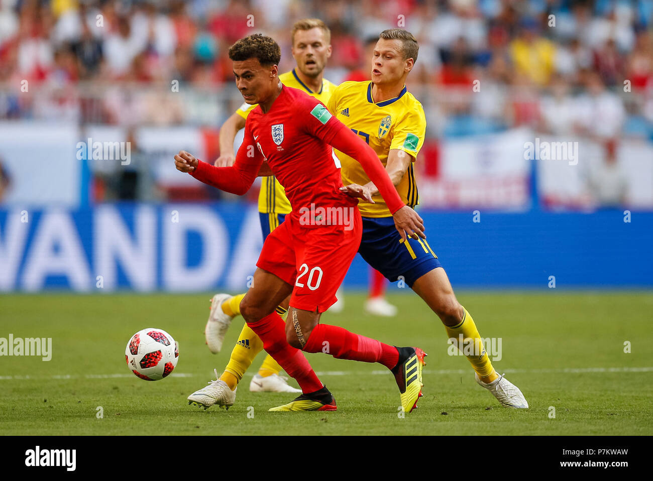 Samara, Russia. 7th July 2018. Dele Alli of England and Viktor Claesson of Sweden during the 2018 FIFA World Cup Quarter Final match between Sweden and England at Samara Arena on July 7th 2018 in Samara, Russia. (Photo by Daniel Chesterton/phcimages.com) Credit: PHC Images/Alamy Live News Stock Photo