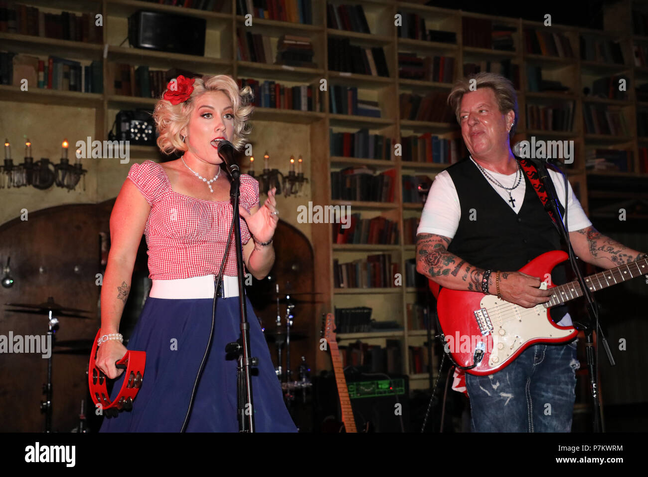 Hollywood, California, USA. 6th July, 2018. Music artists Angie Finley and husband Joe Finley of The Swansons, perform live at The Study in Hollywood, California on July 6, 2018.  Credit: Sheri Determan/Alamy Live News Credit: Sheri Determan/Alamy Live News Stock Photo