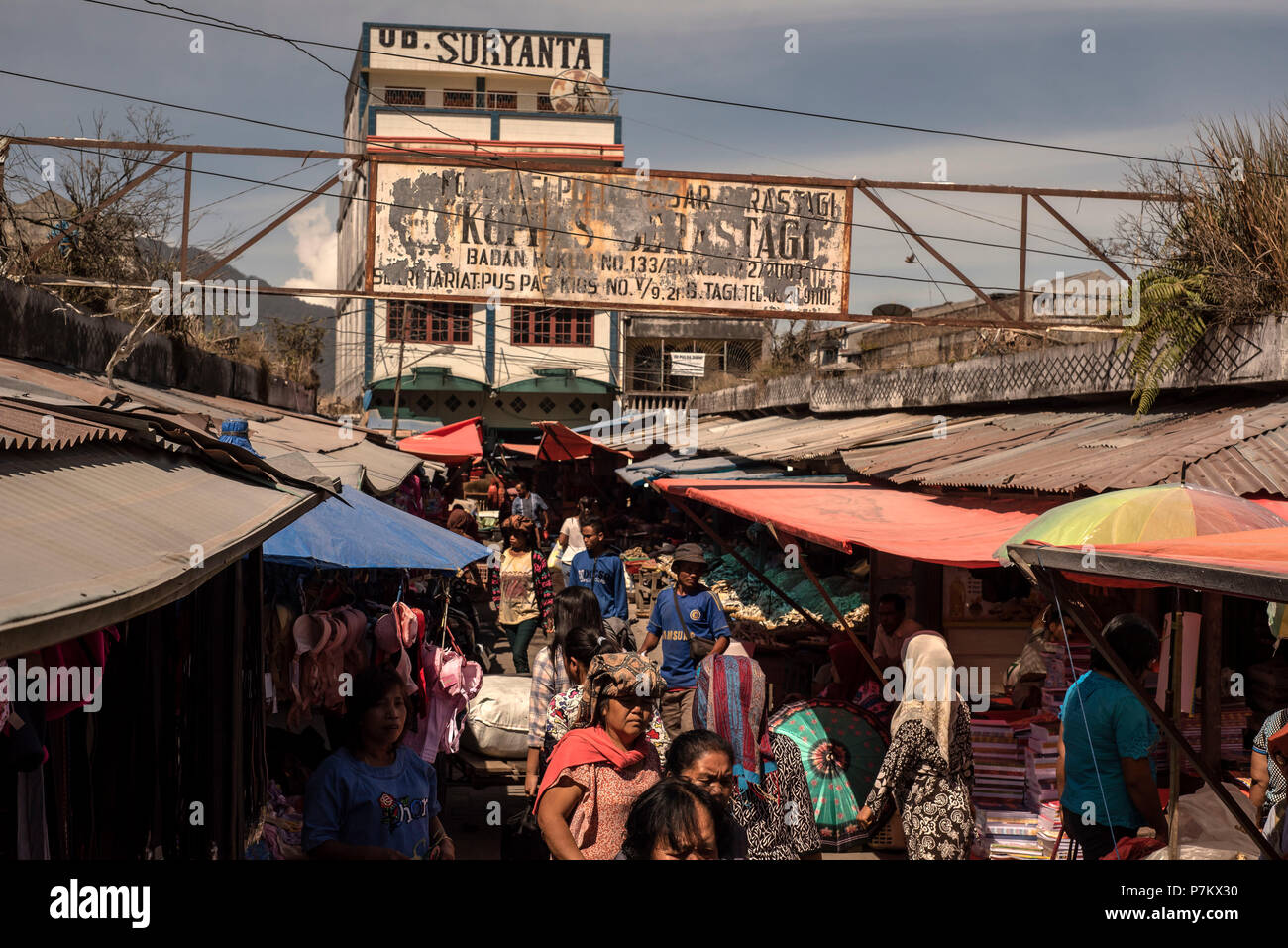 The crowd of people in the market square in Berastagi, Sumatra Stock Photo